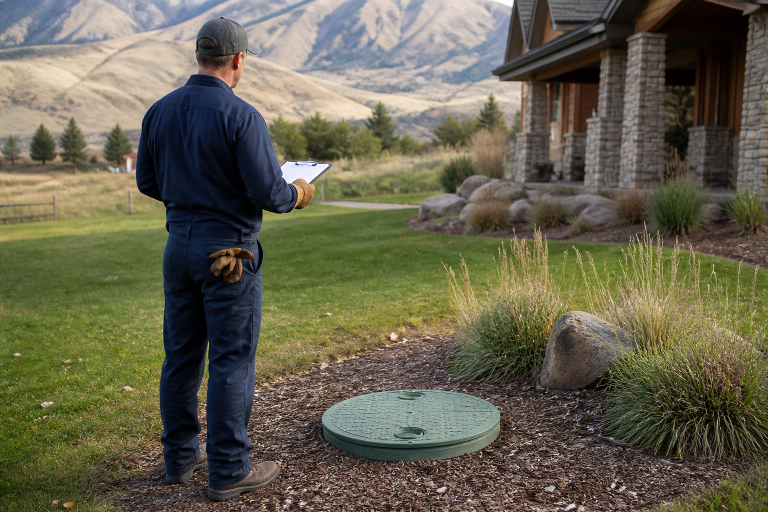Technician reviewing a closed septic access point outdoors